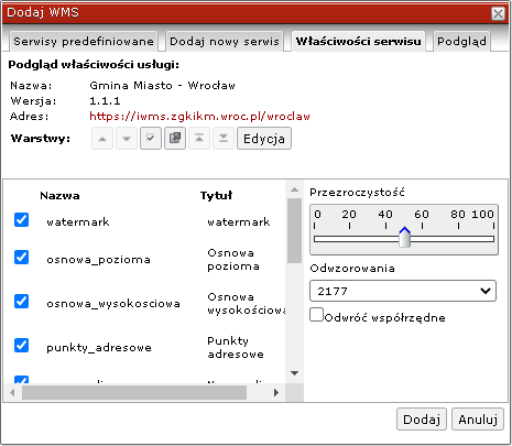 Formatka konfigurowania serwisów mapowych WMS