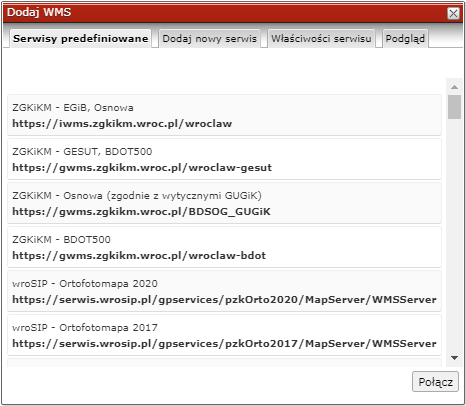 Formatka dodawania serwisów mapowych udostępnionych w formie usług WMS
